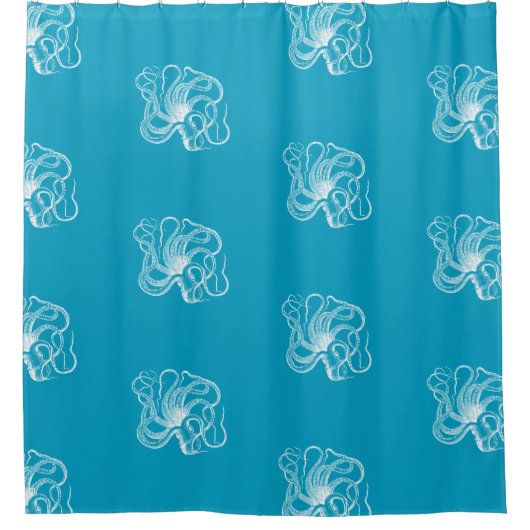 Strand Aqua Blauw Witte Oceaan Octopus Douchegordijn (Voorkant)