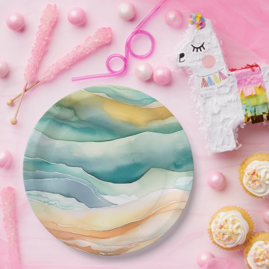 Strand Aqua Green Ocean Cream Zand Bruiloft Papieren Bordje (Feest)