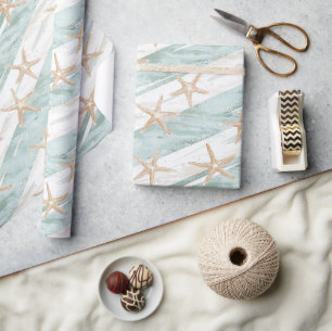 Strand Aqua Mint Starfish Stripes Verjaardag Cadeaupapier