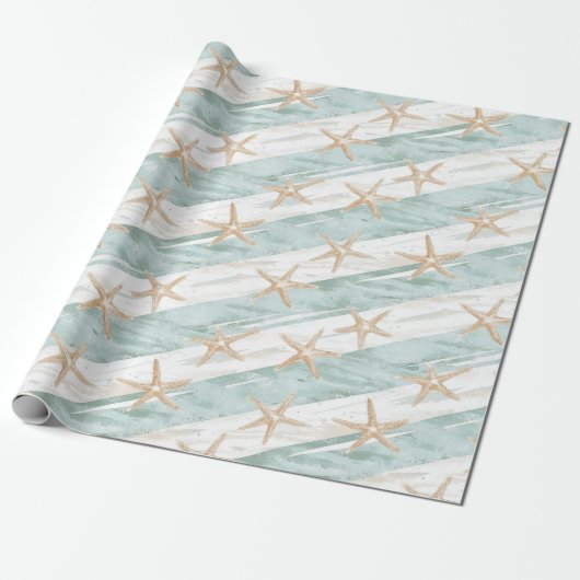 Strand Aqua Mint Starfish Stripes Verjaardag Cadeaupapier (Uitgerold)