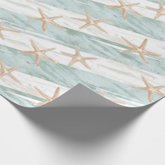 Strand Aqua Mint Starfish Stripes Verjaardag Cadeaupapier (Hoek)