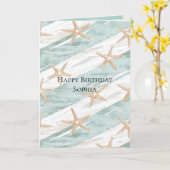Strand Aqua Mint Starfish Stripes Verjaardag Kaart (Gele Bloem)