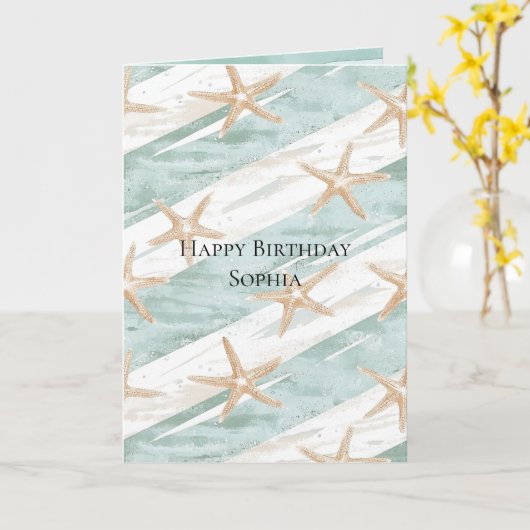 Strand Aqua Mint Starfish Stripes Verjaardag Kaart (Gele Bloem)