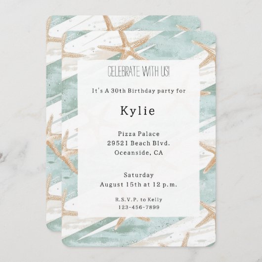 Strand Aqua Mint Starfish Stripes Verjaardag Kaart (Voorkant / Achterkant)