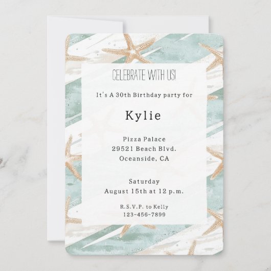 Strand Aqua Mint Starfish Stripes Verjaardag Kaart (Voorkant)