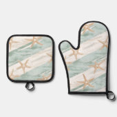 Strand Aqua Mint Zeester Strepen   Ovenwant & Pannenlap Set (Voorkant)