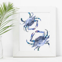 Strand Art Waterverf Kustblauwe krab Poster