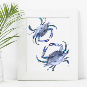 Strand Art Waterverf Kustblauwe krab Poster