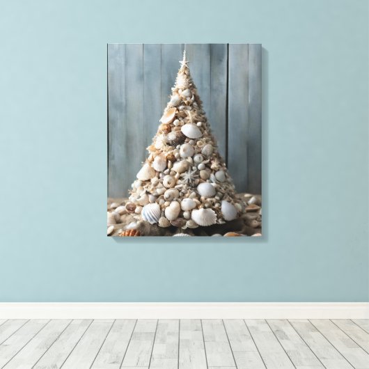 Strand Art Zeeschelpen Kustkerstboom Decor Canvas Afdruk (Insitu (Houten vloer))