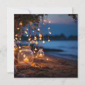 Strand avond feeërieke lichten bestemming save the date (Achterkant)