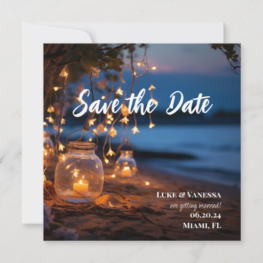 Strand avond feeërieke lichten bestemming save the date (Voorkant)