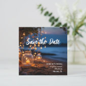 Strand avond feeërieke verlichting bestemming save the date (Staand voorkant)