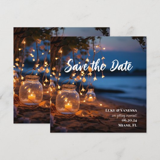 Strand avond sprookjesachtige verlichting bestemmi save the date (Voorkant / Achterkant)