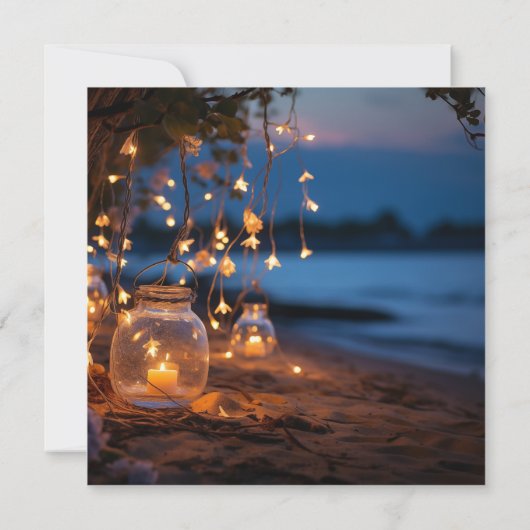 Strand avond sprookjesachtige verlichting bestemmi save the date (Achterkant)