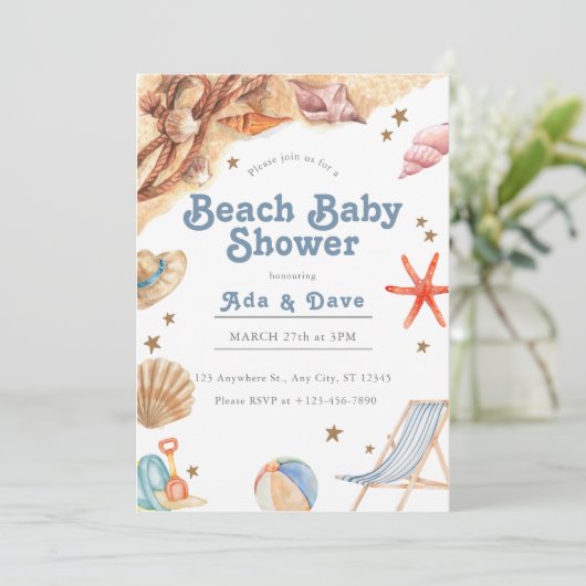 Strand Baby Boy Baby shower Uitnodiging Waterverf (Staand voorkant)