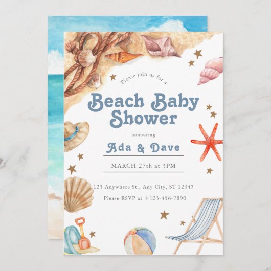 Strand Baby Boy Baby shower Uitnodiging Waterverf (Voorkant / Achterkant)