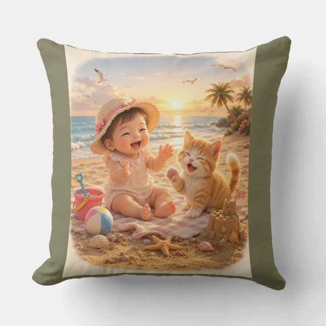 Strand Baby en Kittensandkasteel Vreugde Kussen (Voorkant)