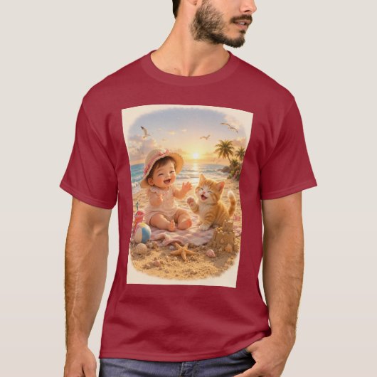 Strand Baby en Kittensandkasteel Vreugde T-shirt (Voorkant)