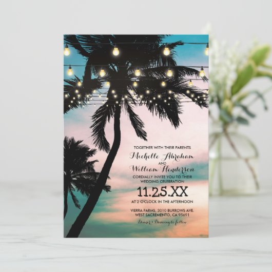  strand Beach Beach Tree Twinkle Lights Weddenscha Kaart (Staand voorkant)