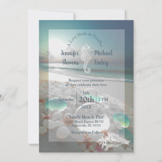 Strand Bestemming Elegant Zeeglas Bruiloft Kaart (Voorkant)