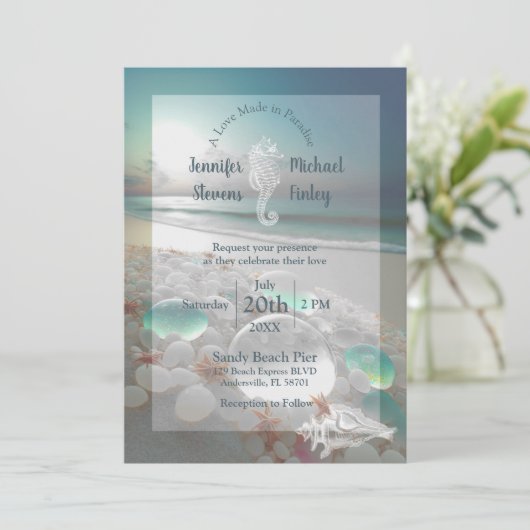 Strand Bestemming Elegant Zeeglas Bruiloft Kaart (Staand voorkant)