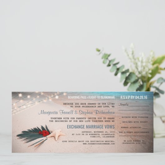 Strand Bestemming Huwelijk Boarding Pass Ticket Kaart (Staand voorkant)