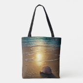 strand bij zonsondergang met schalen tote bag (Achterkant)
