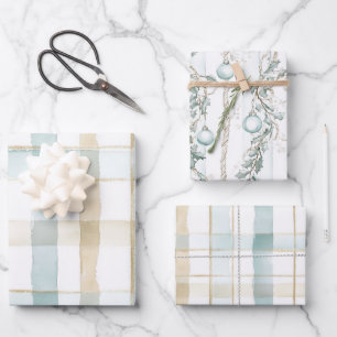 Strand Blau Witte Crème Geruite Kerstballen Inpakpapier Vel