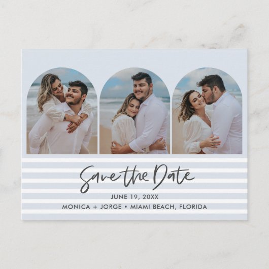 Strand Blauw Drie Boog Foto Bruiloft Save the Date Aankondigingskaart (Voorkant)