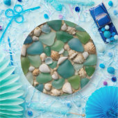 Strand Blauw en Groen Zeeglas en Schelpen Papieren Bordje (Feest)