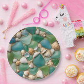 Strand Blauw en Groen Zeeglas en Schelpen Papieren Bordje (Feest)