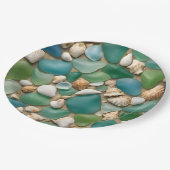 Strand Blauw en Groen Zeeglas en Schelpen Papieren Bordje (Gekanteld)