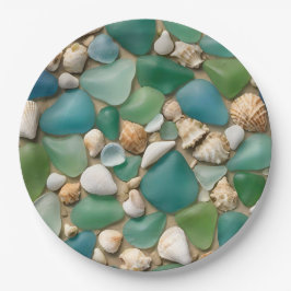 Strand Blauw en Groen Zeeglas en Schelpen Papieren Bordje