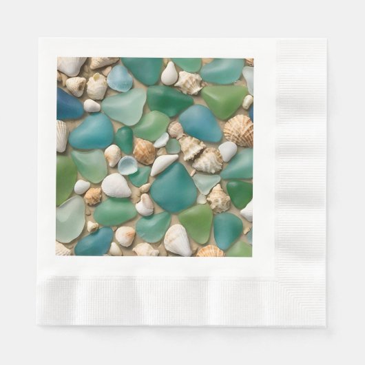 Strand Blauw en Groen Zeeglas en Schelpen Servet (Voorkant)
