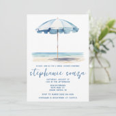 Strand, Blauw en Wit Paraplu, Vrijgezellenfeest Kaart (Staand voorkant)