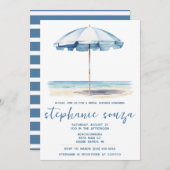 Strand, Blauw en Wit Paraplu, Vrijgezellenfeest Kaart (Voorkant / Achterkant)