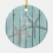 Strand Blauw Faux Hout Zeester Keramisch Ornament (Voorkant)