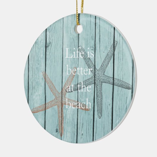 Strand Blauw Faux Hout Zeester Keramisch Ornament (Links)