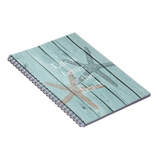 Strand Blauw Faux Hout Zeester Notitieboek (Rechterzijde)