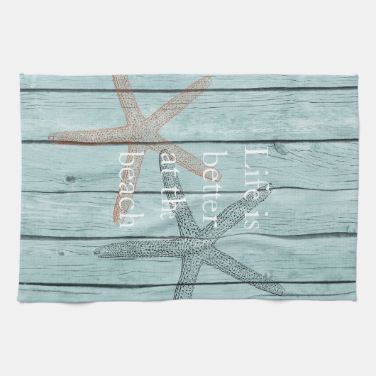 Strand Blauw Faux Hout Zeester Theedoek (Horizontaal)