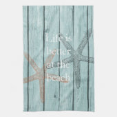 Strand Blauw Faux Hout Zeester Theedoek (Verticaal)