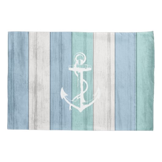 Strand Blauw Hout Nautische Strepen & Anker Kussensloop (Achterkant-Links)