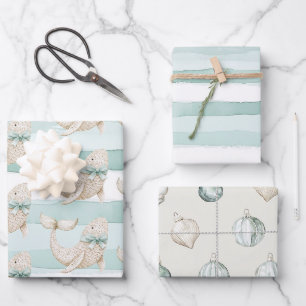 Strand Blauw Kustwit Walvis Strepen Kerstmis   Inpakpapier Vel