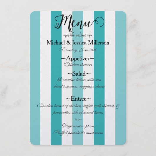 Strand Blauw Turquoise Strepen Bruiloft Menu (Voorkant)