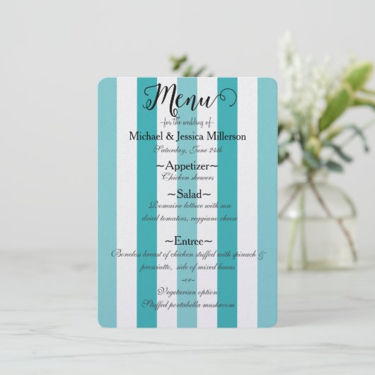 Strand Blauw Turquoise Strepen Bruiloft Menu (Staand voorkant)