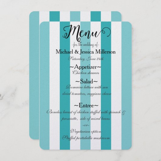 Strand Blauw Turquoise Strepen Bruiloft Menu (Voorkant / Achterkant)