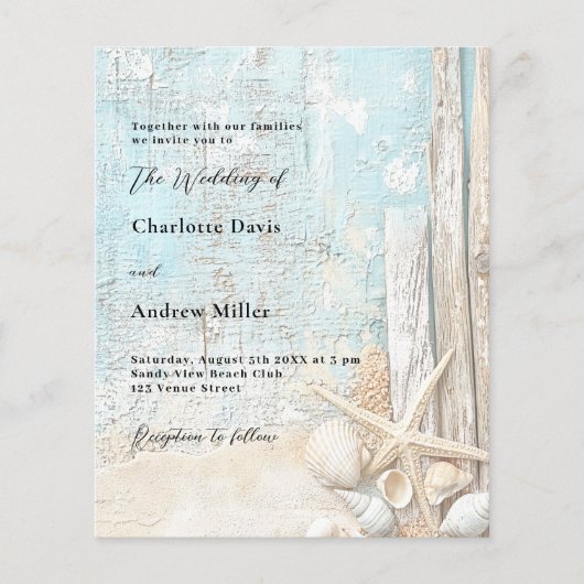 Strand blauw zand zeester hout bruiloft uitnodigin (Voorkant)