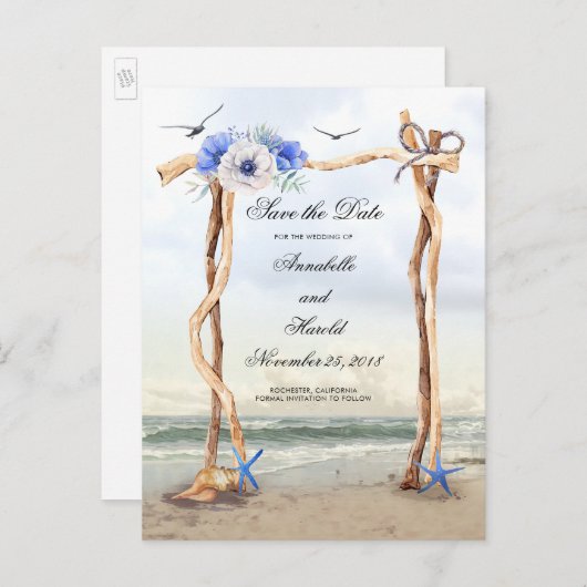 Strand Blauwe Bloemen Bewaar de Datum Aankondigingskaart (Voorkant / Achterkant)