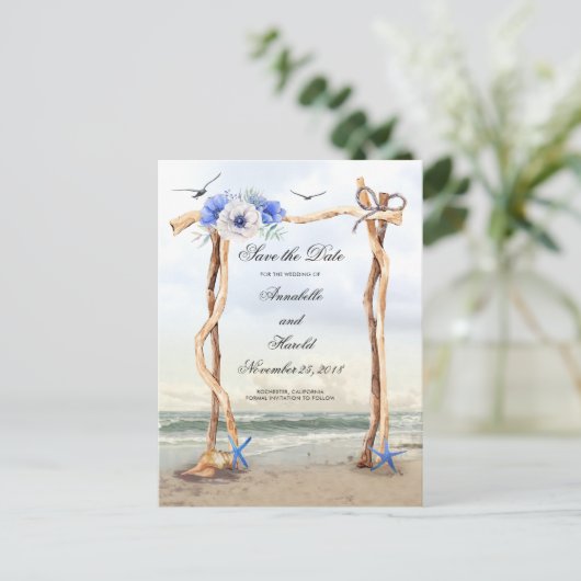 Strand Blauwe Bloemen Bewaar de Datum Aankondigingskaart (Staand voorkant)