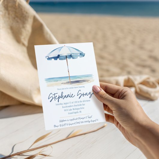 Strand, Blauwe en Witte Parasol, Bruidsborrel Kaart